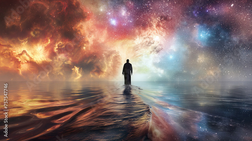 Reimagining Peter walking on water as walking on a galaxy towards Jesus, illustrating faith that transcends the physical realm, with copy space