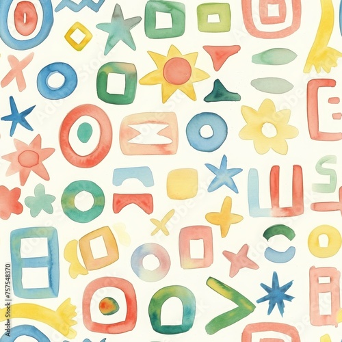 seamless pattern with abstract watercolor geometric forms and shapes on white background