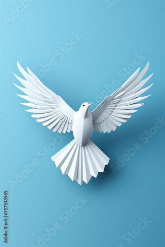 White paper origami bird on blue background. World Day of Peace banner space for Text сreated with Generative Ai