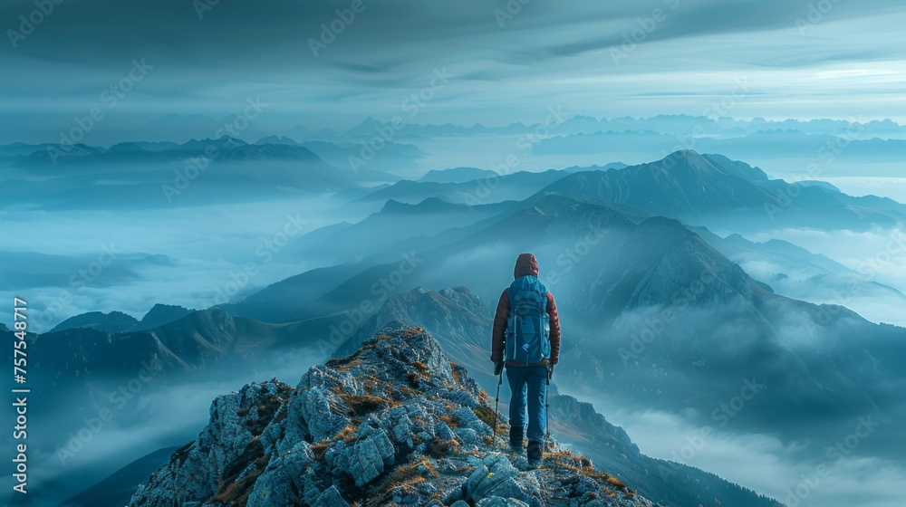 A lone hiker reaching the summit of a mountain, pausing to look out over the expansive view below, with layers of mountains fading into the distance and the early morning fog lifting - obrazy, fototapety, plakaty 