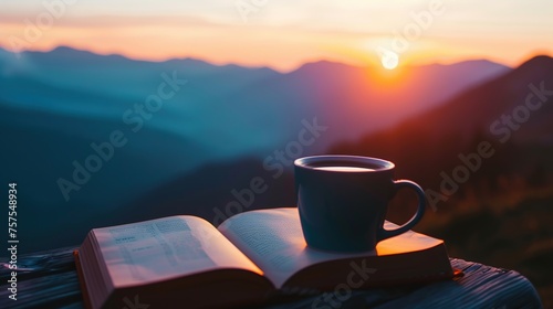 A cup of coffee and a book on a table by the hills in the morning, with a serene view of the moiuntain