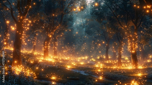 A magical forest clearing at night, lit by thousands of fireflies. Their soft glow illuminates the faces of people gathered around a small, crackling campfire. The air is filled with the sounds of an 