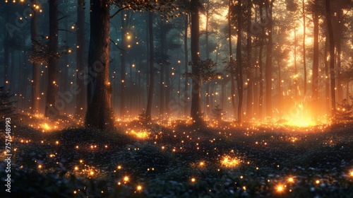 A magical forest clearing at night, lit by thousands of fireflies. Their soft glow illuminates the faces of people gathered around a small, crackling campfire