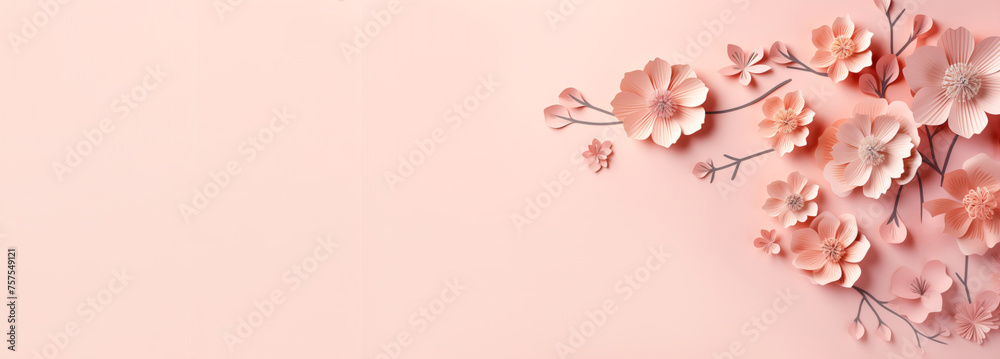 A crafted flowers arranged against a soft pink background, creating a sense of tranquility and beauty. A big banner with copyspace ideal for themes related to spring, beauty, elegance and gift cards