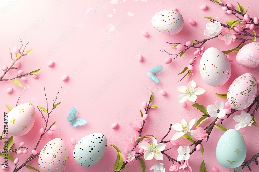 Illustration of decorated easter eggs and flowers with copyspace