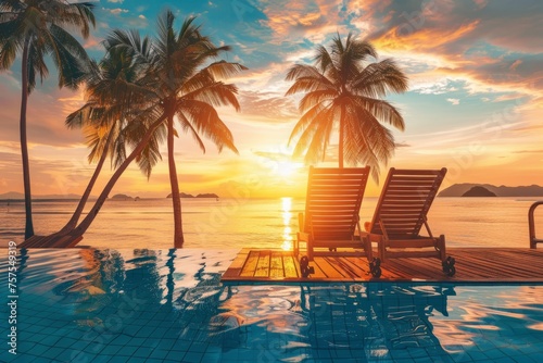 A couple relaxing in deck chairs by the pool at sunset on vacation at a tropical resort with palm trees and a swimming pool Generative AI