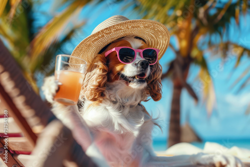 funny dog sitting on a lounger with a cocktail at a tropical beach