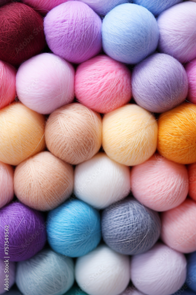 Different color wool balls on texture background, closeup view сreated with Generative Ai Different color wool balls on texture background, closeup view сreated with Generative Ai
