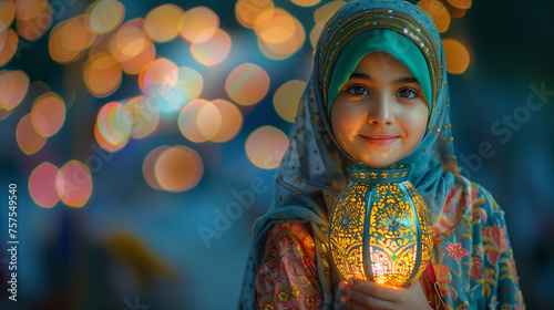 Muslim Girl Wearing Hijab Holding Lantern, Celebrating Ramadan