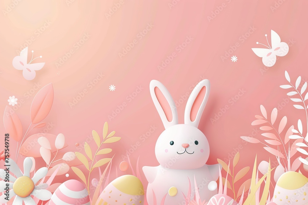Illustration of easter eggs with rabbit and flowers on pink background
