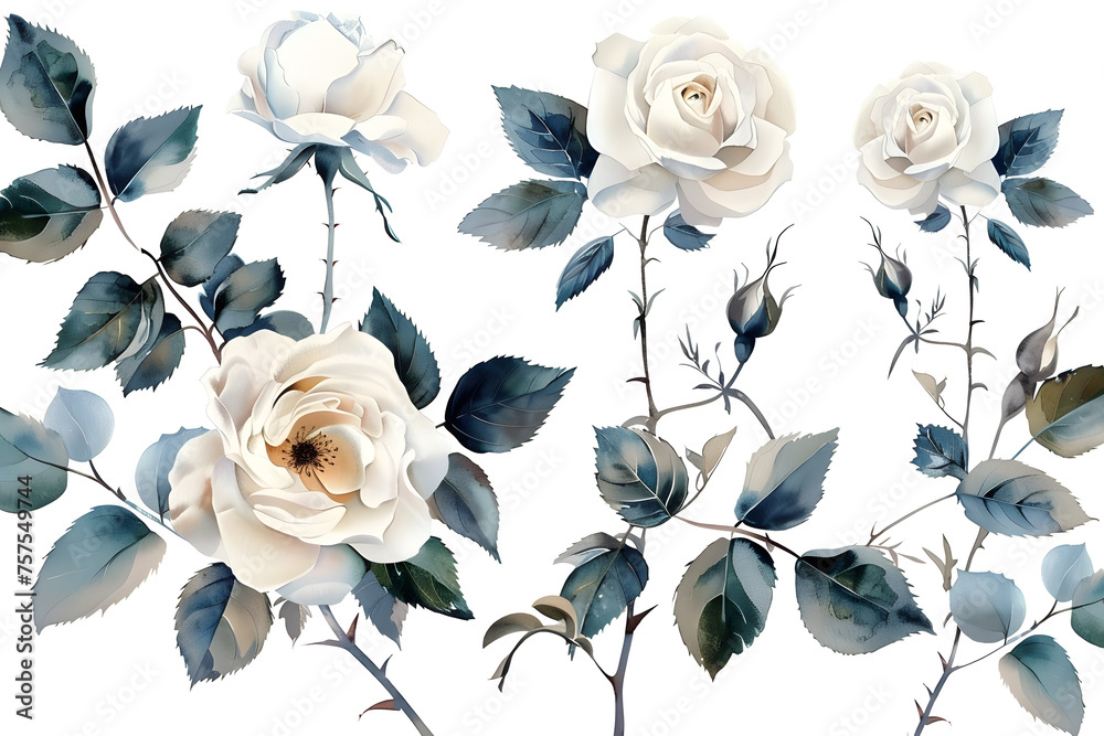 Set of watercolor on floral white rose branches. Wedding concept a white background - obrazy, fototapety, plakaty 