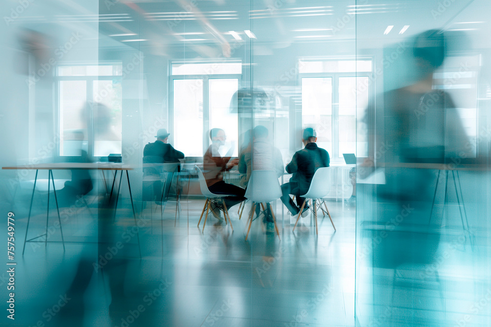 blurry offices of offices with people working and sitting around tables