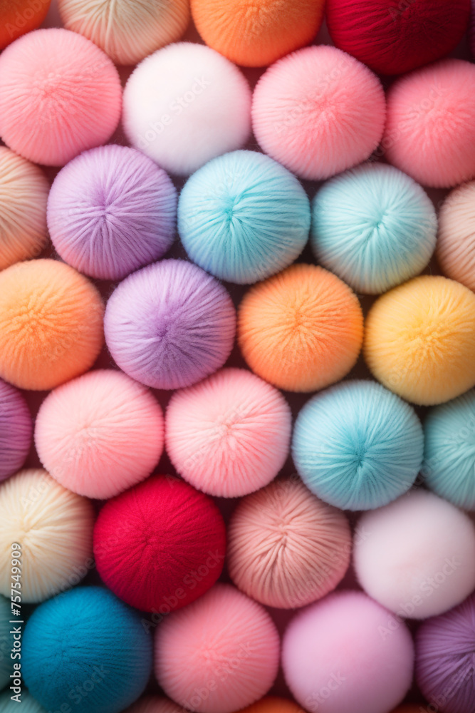Fototapeta premium Different color wool balls on texture background, closeup view сreated with Generative Ai