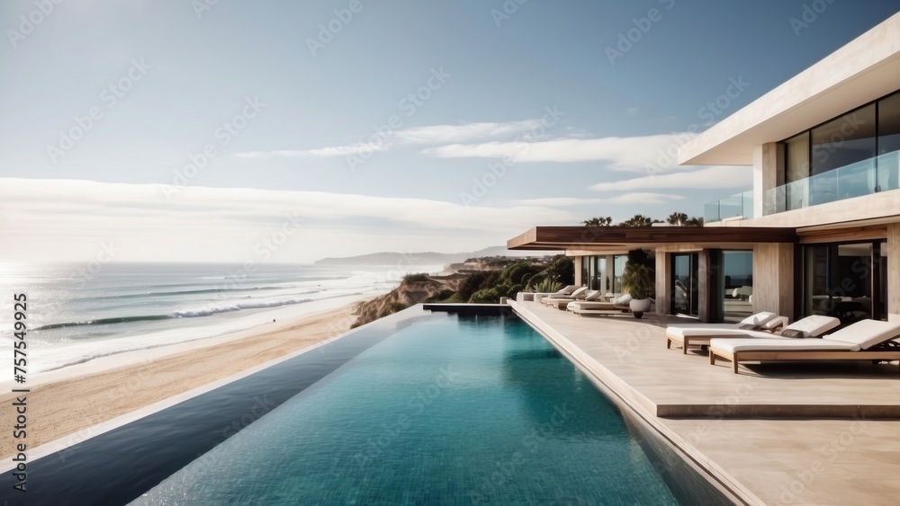 Fototapeta premium Luxurious beachfront residence featuring a private rooftop infinity pool with panoramic views of the Pacific Ocean in Malibu, California