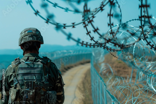 armed guard on border with razor wire fencing in foreground