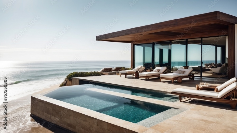 Fototapeta premium Luxurious beachfront residence featuring a private rooftop infinity pool with panoramic views of the Pacific Ocean in Malibu, California