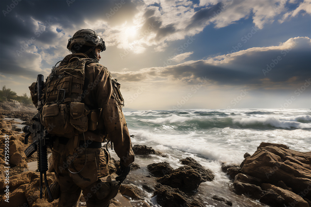 A man in a soldier's uniform stands on the seashore A man in a soldier's uniform stands on the seashore