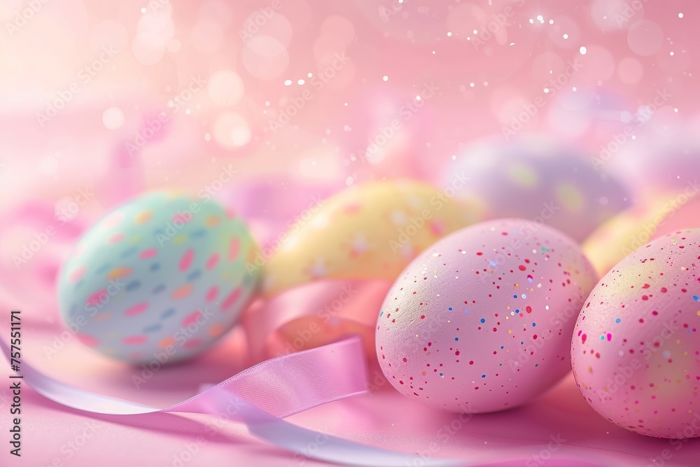 Colorful painted decorated easter eggs with ribbon on blurred pink background
