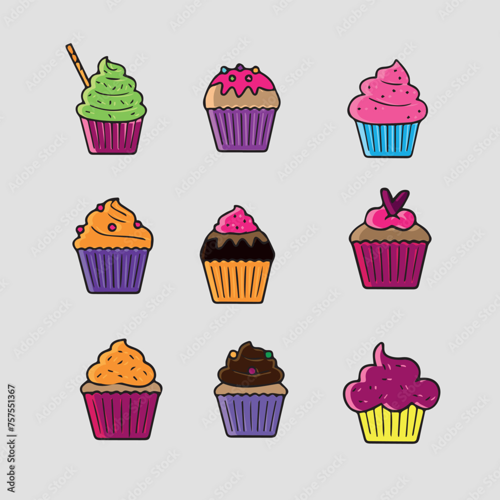 9 cute colorful cupcake illustrations