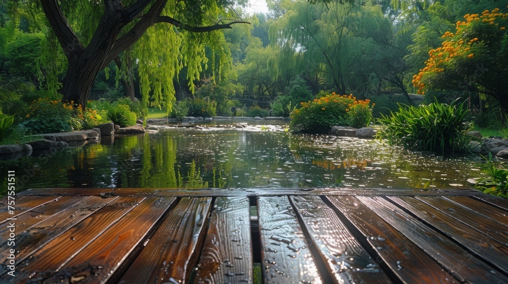 A polished wooden table top at the edge of a quiet, reflective pond, surrounded by weeping willows and flowering plants, offering a tranquil and picturesque setting for creative product advertising