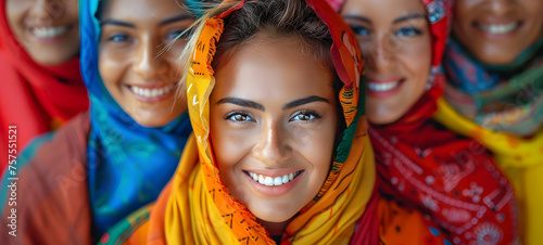Portrait of happy young muslim women wearing colorful headscarf. World Day for Cultural Diversity for Dialogue and Development. Happy Mother's Day, women empowerment. 