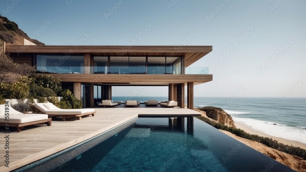 Fototapeta premium Luxurious beachfront residence featuring a private rooftop infinity pool with panoramic views of the Pacific Ocean in Malibu, California