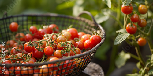 Harvest of colorful small round cherry tomatoes in a dark wire metal basket, a mix of genes from wild currant tomatoes and garden tomatoes on garden farm background, with copy space.