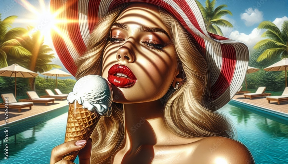 Hübsche, blonde, junge Frau mit sommerlichem Hut ißt genussvoll ein Eis. - obrazy, fototapety, plakaty 
