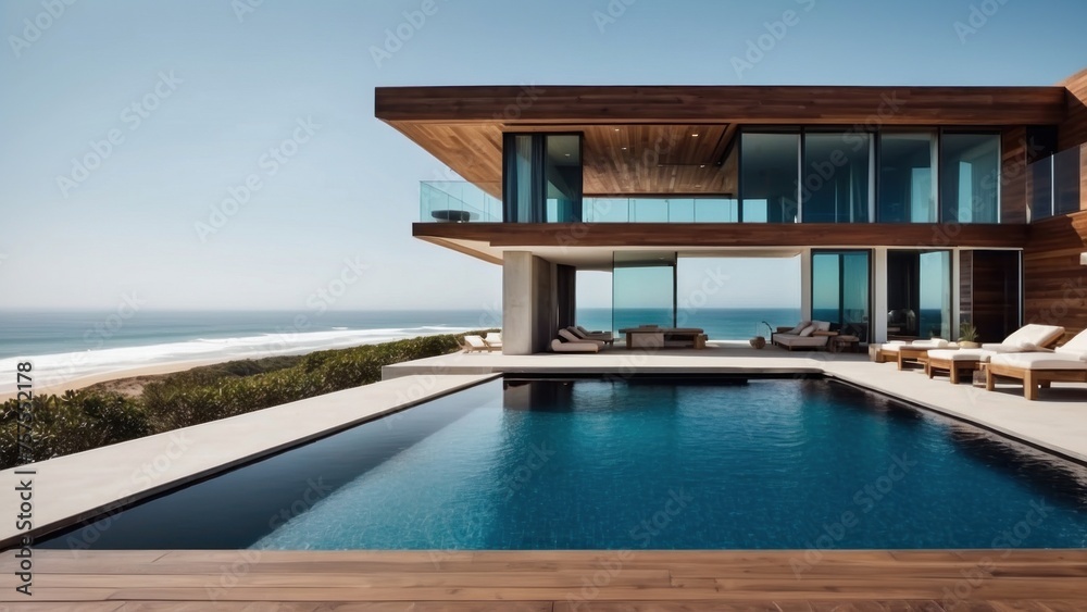 Fototapeta premium Luxurious beachfront residence featuring a private rooftop infinity pool with panoramic views of the Pacific Ocean in Malibu, California