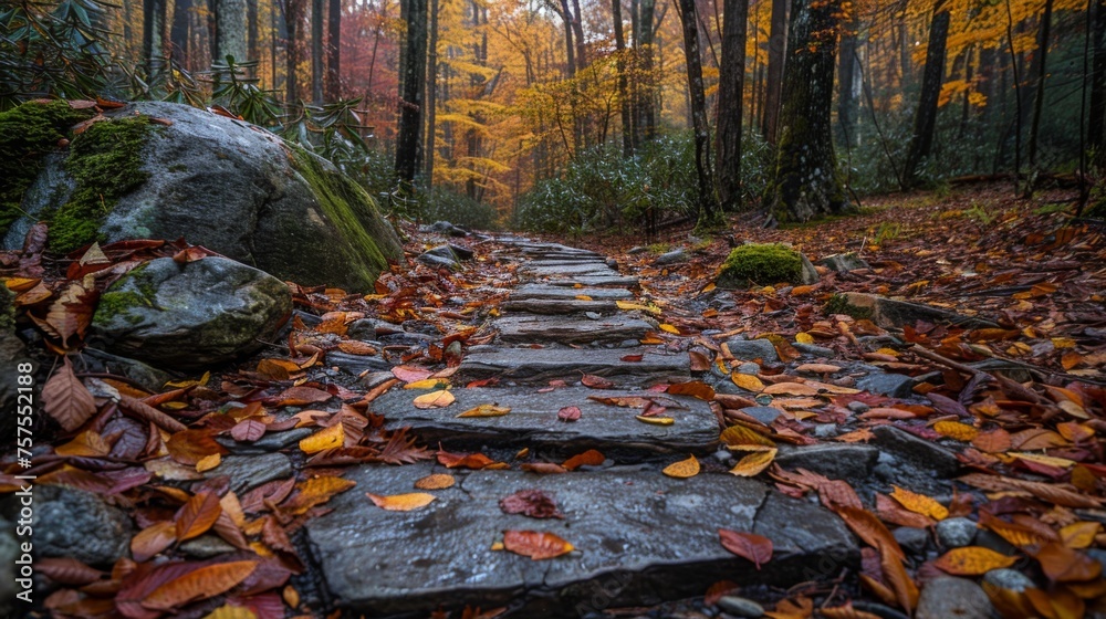 A scenic hiking adventure through a forest showing early signs of fall foliage, celebrating the natural beauty of September. A scenic hiking adventure through a forest showing early signs of fall foliage, celebrating the natural beauty of September.