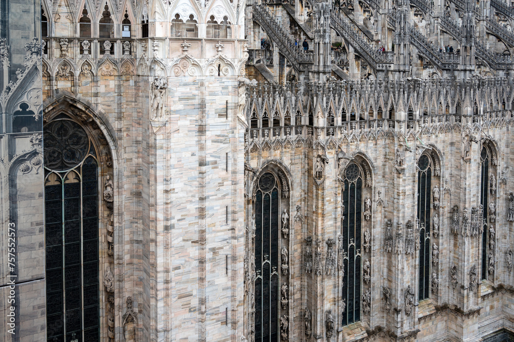 Architectural details of Gothic cathedral church in Milan, tourist attraction in northern Italy
