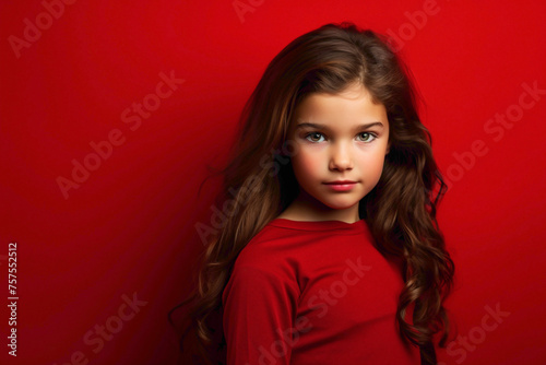 The most beautiful female kid, looking cute and confident, standing against a bold and vibrant red background.