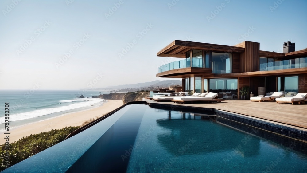 Luxurious beachfront residence featuring a private rooftop infinity pool with panoramic views of the Pacific Ocean in Malibu, California