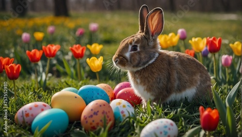 bunny in the meadow with tulips and colored eggs, easter image #757552930