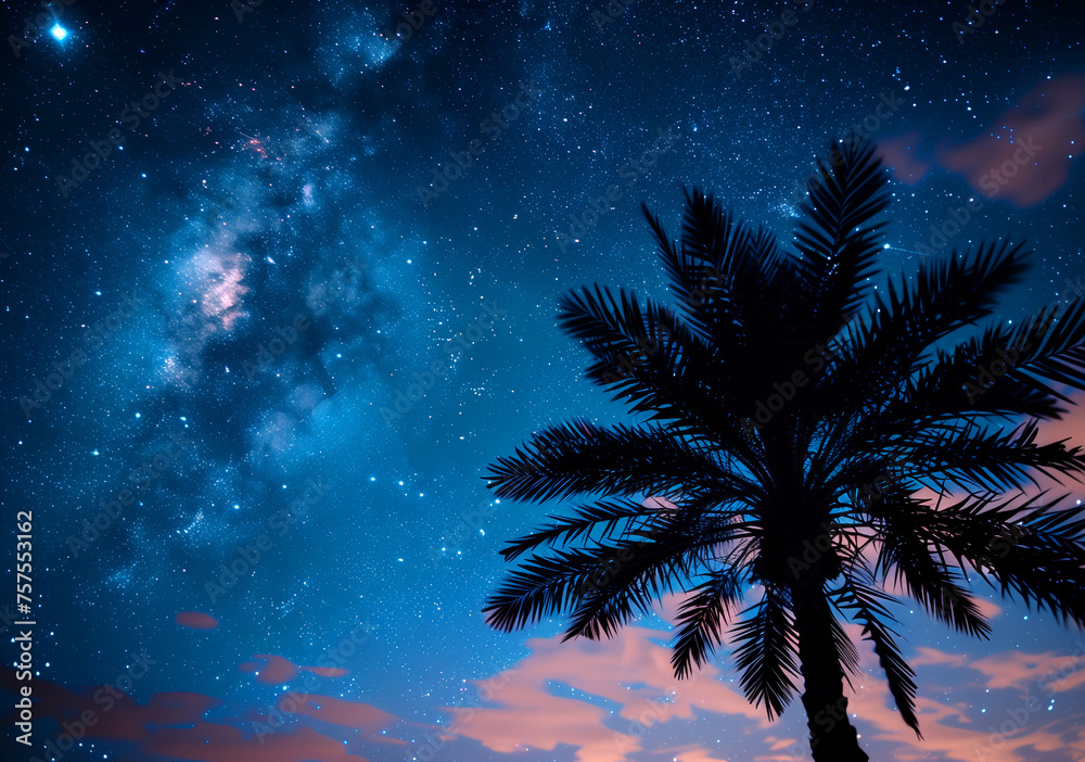 Palm tree silhouette against a Milky Way starry sky at dusk.