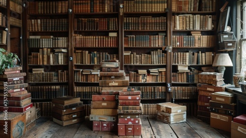 A stack of labeled boxes in a home library, with shelves waiting to be filled with books and memorabilia, reflecting the personal and thoughtful process of arranging a cherished collection photo