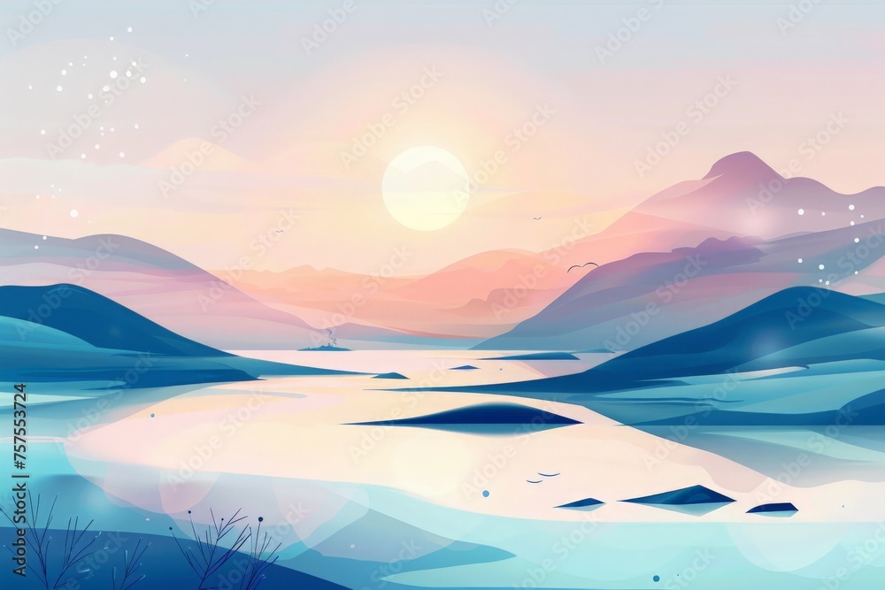 An enchanting painting capturing a tranquil lake reflecting the towering mountains in the background, creating a harmonious and peaceful scene.