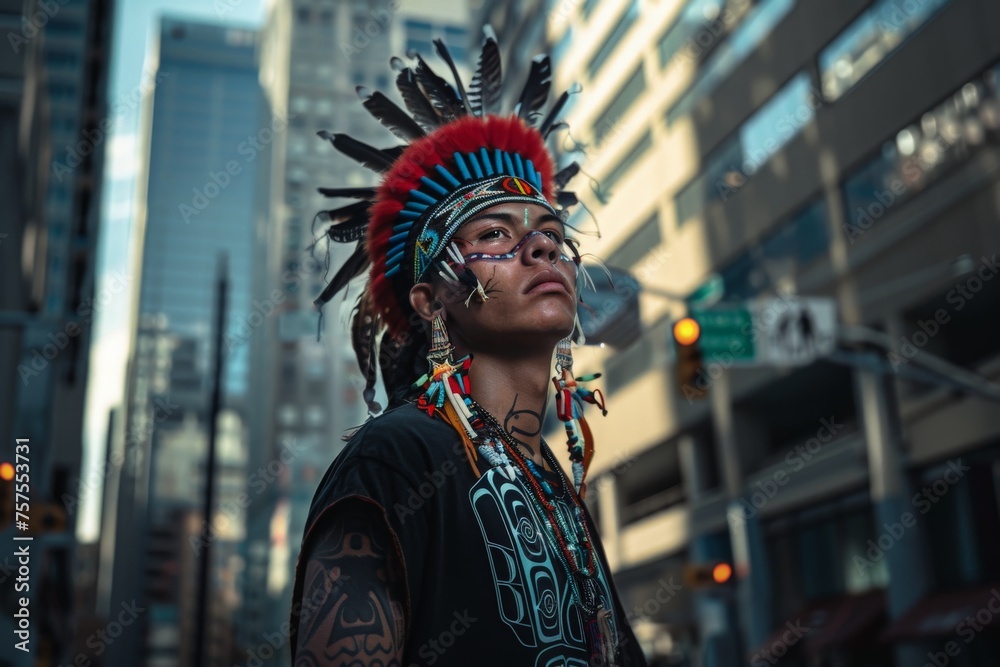 A man in a vibrant headdress stands confidently in the middle of a bustling street, capturing the attention of passersby with his powerful presence.