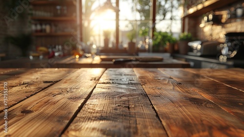 A sturdy, natural wood table top dominates the foreground, its surface scarred yet beautiful. In the blurred background, a kitchen scene hums with the promise of creativity and culinary exploration