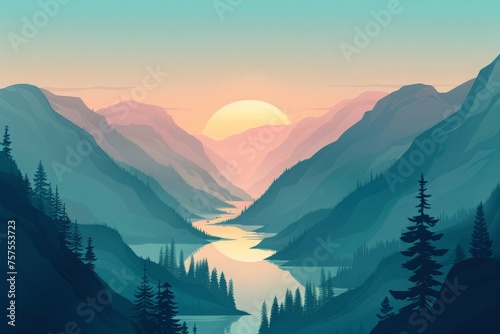 A serene painting of majestic mountains, a flowing river, and a colorful sunset creating a peaceful atmosphere.