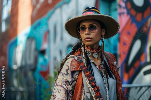 A stylish woman stands confidently in front of a vibrant graffiti wall, wearing a trendy hat and sunglasses.