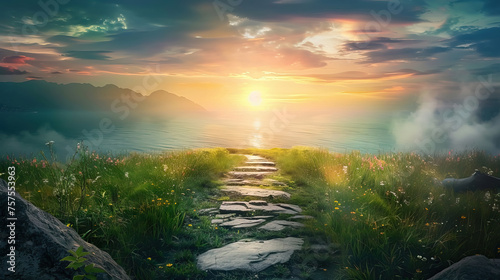 a serene natural landscape with a path leading to a horizon illuminated by a sunrise.