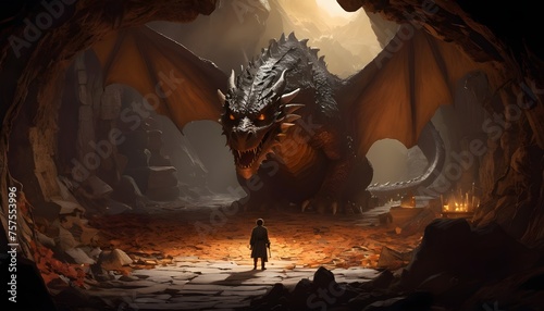 a captivating image of Bilbo Baggins sneaking through Smaug s treasure filled lair the dragon s silhouette looming in the background unaware of the intruder