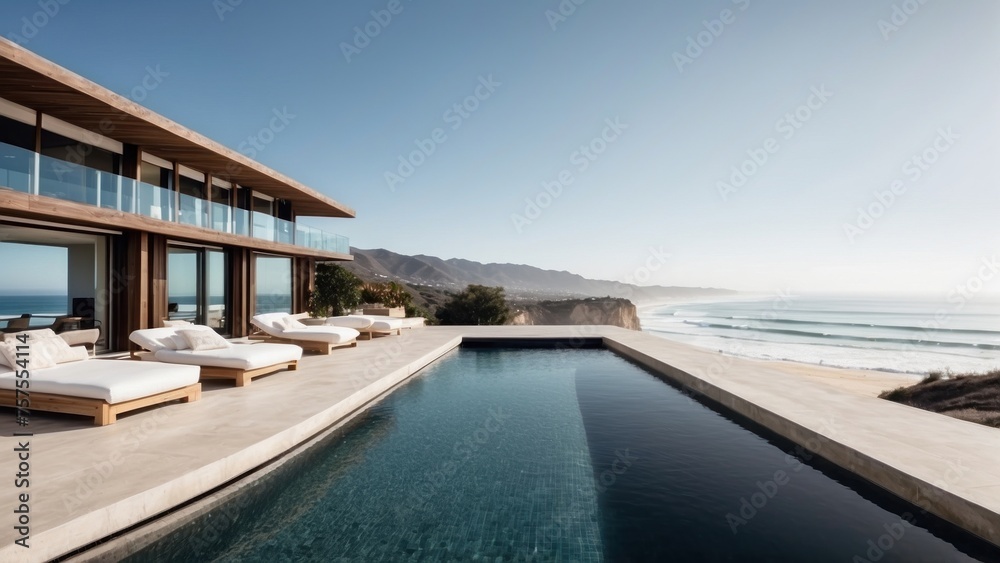 Luxurious beachfront residence featuring a private rooftop infinity pool with panoramic views of the Pacific Ocean in Malibu, California