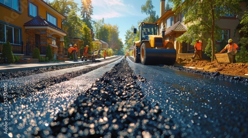 A team of workers diligently laying new asphalt on a residential street, with machinery compressing the hot mix under the bright sun. The scene is filled with the sense of renewal as the old