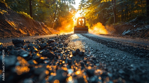 A team of workers diligently laying new asphalt on a residential street, with machinery compressing the hot mix under the bright sun. The scene is filled with the sense of renewal as the old photo