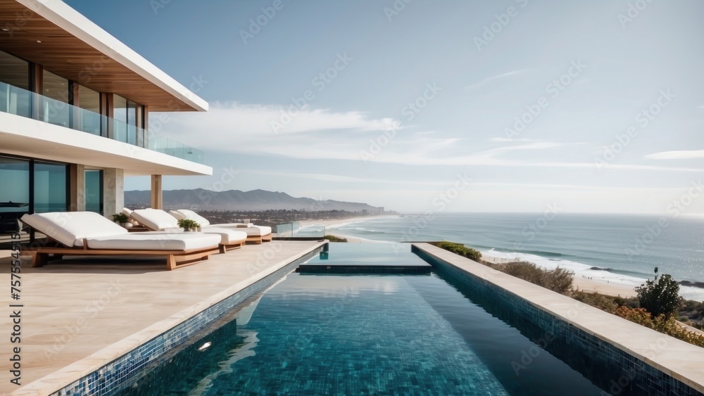 Luxurious beachfront residence featuring a private rooftop infinity pool with panoramic views of the Pacific Ocean in Malibu, California Luxurious beachfront residence featuring a private rooftop infinity pool with panoramic views of the Pacific Ocean in Malibu, California