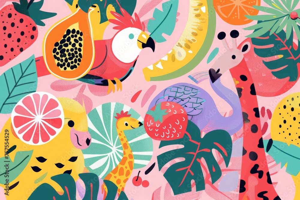 A colorful painting featuring a tall giraffe, a charming bird, and a friendly giraffe exploring a vibrant world together.