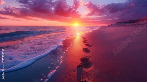 A tranquil beach at sunset, where the sky is ablaze with colors of orange, pink, and purple. The sound of waves gently crashing on the shore provides a soothing backdrop for a solitary figure walking