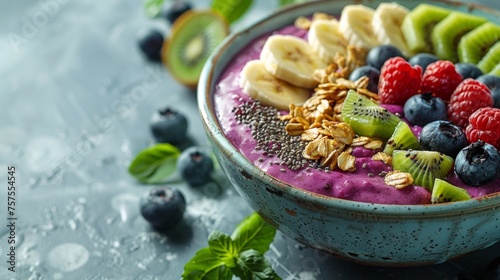 A vibrant acai bowl decorated with slices of banana, kiwi, and a sprinkle of granola, positioned on the right, with the left half of the image showing a clean white background for text